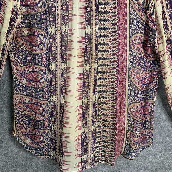 Lucky Brand Semi Sheer Top Pull Over Dark Paisley Striped Scarf Print Hi Low - Picture 9 of 10
